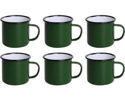 Olympia Emaille Mok 35cl - Emaille Beker Groen / Zwart - Emaille Servies ( Set van 6 )