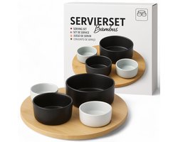 Omgoods- Serveerset 5-delig - Houten Dienblad Ø 25 cm - Porseleinen Schalen - Snackkommen/Dipschalen - Stijlvol Serveerservies - Voor Voorgerechten/Tapas - Serveerschaal