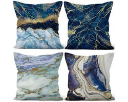 Omgoods - Set van 4 Kussenslopen met Geometrische Marmer Textuur in Blauw en Goud