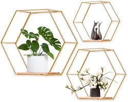 Omgoods- Wandrek Gouden Decoratie - Hexagon Wandplank - Set van 3 - Wanddecoratie voor Planten/Bloemen - Geschikt voor Woonkamer/Slaapkamer - Creatieve Installatie Mogelijkheden - Plank