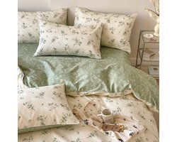 Omkeerbaar Beddengoedset 200 x 220 cm - Katoen Bloemenpatroon Beige Groen - Vintage Dekbedovertrek met Ritssluiting en Kussenslopen