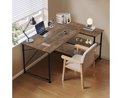 Omkeerbaar bureau L-vorm hoekbureau met opbergvakken Omkeerbaar computerbureau L-vormig met hoektafel, kantoortafel L-vorm 2 lagen DIY-opslagplanken 110CM hoektafel Vintage bruin