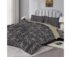 Omkeerbaar Dekbed 240x260 cm Donkergrijs met Plantenprint - Zacht en Ademend 4-Seizoenen Dekbed set met 2 Kussenslopen