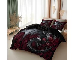Omkeerbaar Dekbedovertrek 240x220 Zwart Drakenprint Beddengoed Set 2 Personen