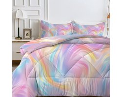 Omkeerbaar Eenpersoons Dekbed 135x200 cm - Tie-Dye Marmerprint Pastel Roze Dekbedset met Kussensloop