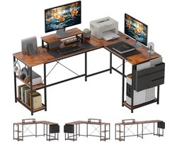 Omkeerbaar hoekbureau, 168-240 cm, computerbureau met verstelbare plank, beeldschermhouder, rustiek bruin