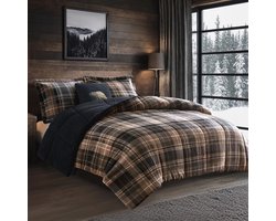 Omkeerbare beddengoed set van pluche en sherpa, warm alternatief voor dons, 4-delig, bruin/zwart, fullsize/kingsize