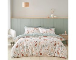 Omkeerbare Dubbele Dekbedovertrek Set met Betoverde Dieren en Kussenslopen - Naturel