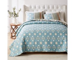Omkeerbare Katoenen Quiltset met Fluweeldetails in Boheemse Stijl Blauw