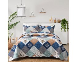 Omkeerbare Patchwork Quilt Set King Size Blauw Groen Grijs Plaid Bloemen Patroon Sprei 3 Delig