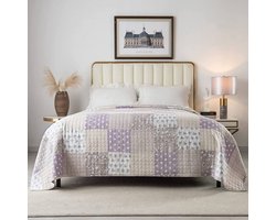 Omkeerbare patchwork sprei in paars & wit - luxe microvezel met dubbelzijdig design-240 x 260 cm