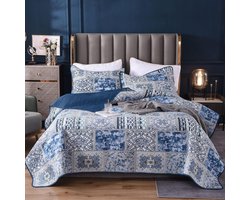 Omkeerbare sprei - blauw patchwork - 1 stuk - katoen en polyester - 240x260 cm