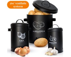 Omneum® Luxe 3in1 Voorraadpotten Set – Grote Aardappelbak, Uienpot & Knoflookpot met Deksel – Langere Houdbaarheid door 360° Luchtcirculatie – BPA-vrije Opbergboxen en Organizer voor Groenten – Aardappelschilbak – Voorraadbakken & Voorraadbussen