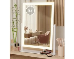 OMNIEXA Hollywood Spiegel 40×30cm – Vierzijdige LED Strip – 3 Lichtkleuren – Dimbaar – 5x Vergroting – Roteerbaar – Auto-off – Make Up Spiegel – Visagie Spiegel – Vanity – Wit