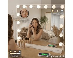 OMNIEXA Hollywood Spiegel 58×46cm – 15 LED Lampen – 3 Lichtkleuren – Dimbaar – 10x Vergroting – USB-C – Make Up Spiegel – Visagie Spiegel – Vanity – Wit