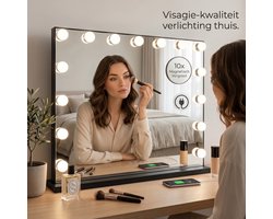 OMNIEXA Hollywood Spiegel 58×46cm – 15 LED Lampen – 3 Lichtkleuren – Dimbaar – 10x Vergroting – USB-C – Make Up Spiegel – Visagie Spiegel – Vanity – Zwart