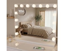 OMNIEXA Hollywood Spiegel – 58×46cm - 3 lichtkleuren - Dimbaar – 10x vergroting – USB-C/USB-A - 15 lampen - Smart touch - Make Up Spiegel - Visagie Spiegel -Wand & tafel – Wit – 15 lampen