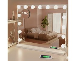 OMNIEXA Hollywood Spiegel – 58×46cm - 3 lichtkleuren - Dimbaar – 10x vergroting – USB-C/USB-A - make up spiegel - Wand & tafel – Wit – 15 lampen