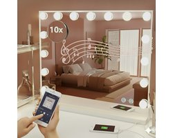 OMNIEXA Hollywood Spiegel – 58×46cm - Bluetooth speaker - 3 lichtkleuren - Dimbaar – Met Muziek – 10× detailspiegel – Wand & tafel – Wit - 15 lampen