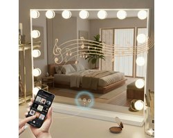 OMNIEXA Hollywood Spiegel - 58x46 cm - 15 LED Lampen - Dimbaar - Bluetooth Speaker - USB Oplaadpunt - Make Up Spiegel - Vanity - Wit
