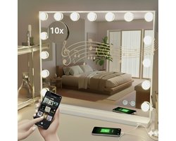 OMNIEXA Hollywood Spiegel – Bluetooth speaker - 3 lichtkleuren - Dimbaar – Met Muziek – 10× detailspiegel – Wand & tafel – Wit – 58×46cm - 15 lampen