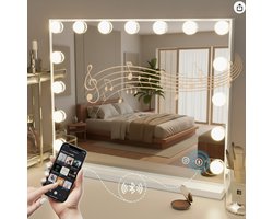 OMNIEXA Hollywood Spiegel met Verlichting & Bluetooth - 58*46 cm - 15 LED Lampen - Dimbaar - Met Speaker & USB Oplaadpunt - Auto-Off Timer - Make-up Spiegel Wit