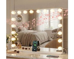 OMNIEXA Muziek Hollywood Spiegel 80×60cm XL – 18 LED Lampen – Bluetooth Speaker – 3 Lichtkleuren – Dimbaar – 10x Vergroting – USB-C – Make Up Spiegel – Visagie Spiegel – Vanity – Wit
