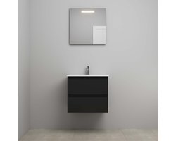 On-Line Badkamermeubelset - 60 cm - Voorgemonteerd - Porseleinen Wastafel - 1 Kraangat - Spiegel met LED-Verlichting - Mat Zwart