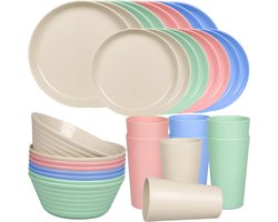 Onbreekbare plastic serviesset 32-delig lichtgewicht campingservies - magnetron en vaatwasmachinebestendig - bordenset kommen kopjes mokken - servies voor 4 - ideaal voor kinderen en camping