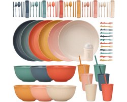 Onbreekbare serviesset voor 6 personen, 66-delig campingservies, set plastic servies, picknick, serviesset, licht, kleurrijk, grill, kunststof, serveerborden, kommen, bestekset