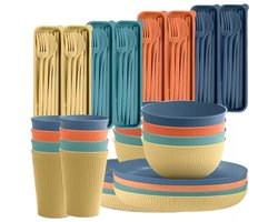 Onbreekbare serviesset voor 8 personen - 48-delig campingservies - onbreekbaar, vaatwasserbestendig, magnetronbestendig en gemaakt van bio plastic - picknickservies - lichtgewicht - kleurrijke biologisch kunststof borden, kommen, bestekset