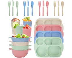 Onbreekbare serviessets voor 4 personen - 24-delige set borden en kommen - Herbruikbare plastic servies - Bestekset voor feest, camping - Schoolkinderen, volwassenen, thuis
