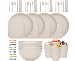 Onbreekbare serviessets voor picknick - 48 stuks - 4 personen - camping en outdoor - lichtgewicht plastic servies - borden, kommen, kopjes, bestek - serviesgoed - ideaal voor kamperen, picknicken, reizen - duurzaam en praktisch Eco-friendly.