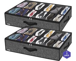 Onder het Bed Schoenen Opbergboxen - Set van 2 voor 12-24 Paren - Ademende Opbergoplossing met Doorzichtig Raam - Zwart Linnen Look