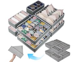 Ondergoed Organizer Set van 8 - Opbergbox met 90 Vakken - Ondergoed Opberger voor Lade en Kledingkast - Lade Organizer voor BH's, Krawatten, Onderbroeken, Sokken en Sjaals - Opvouwbaar - Stevige Bodem -32 x 32 x 11 cm- Grijs