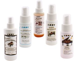Onderhoudset Piano Vleugel Meubels - 5x spuitflesjes á 59 ml (=2 fl oz) = 1x Cory Keybrite + 1x Cory Super high glosh polish + 1x Cory Harmony detailing oil + 1x Cory Satin sheen finish + 1x Sory satin polyester finish cleaner conditioner