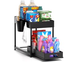 Onderkast Organizer 2 Laags met Schuiflade – Keuken & Badkamer Opbergrek – Ruimtebesparende Kast Organizer met 4 Haken en 2 Bekers – Multifunctioneel Onder Wasbak Rek – ABS & Metaal – Zwart