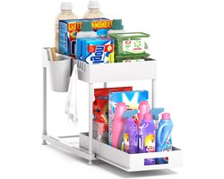 Onderkast Organizer 2 Laags met Schuiflade – Keuken & Badkamer Opbergrek – Ruimtebesparende Kast Organizer met 4 Haken en 2 Bekers – Multifunctioneel Onder Wasbak Rek – ABS & Metaal – Wit