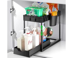 Onderkast-organizer met 2 niveaus onder de koelkast, omhoog en uittrekbaar opbergen, spoelkastrek met 4 haken en 1 kopje, instelbaar en laden voor wastafel, keuken, badkamer, kasten