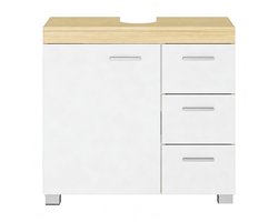 Onderkast,30 x 70 x 64 cm, wit + naturel voor wastafel Handwasbak niet inbegrepen badkamerkast met 3 lades en 1 deur, biedt voldoende opbergruimte, stevig en duurzaam houten frame