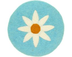 Onderzetter Vilt Rond - Turquoise met Witte Margriet - 20 cm - Fairtrade Sjaalmetverhaal