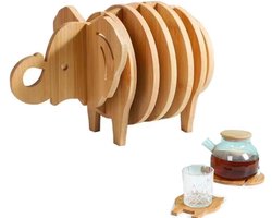 Onderzetters - Coaster - Creatieve Coaster Set - 8-delig Keuken Tripod Mat Set - In elkaar Grijpende 3D Olifanten Placemats - Hittebestendig Bamboe Plaatset voor Pannen en Theepotten - Creatieve Tafel Decoratie voor Huis en Keuken - Bruin
