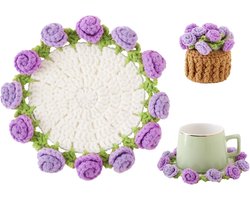 Onderzetters - Inclusief mini-mandje - Onderzetters met bloemenmotief - Vintage rozendesign - Geschikt voor salontafels, bruiloften, housewarmingfeesten, verjaardagen, enz.（Paars）