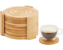 Onderzetters met Houder - Bamboe houten glazenonderzetters - Bamboe Onderzetters Rond - Tafel onderlegger voor Glazen - Bamboo Hout - Cadeau - Woon decoratie