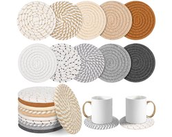 Onderzetters met Houder - Set van 10 - Katoenen - Gevlochten Boho Onderzetters - 11cm - Handgemaakte Onderzetters voor Glazen en Kopjes - Hittebestendige Tafeldecoratie - Bohemian Woonaccessoires - Cadeau