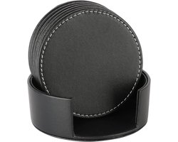 Onderzetters-onderzetters voor glazen-Leren onderzetters, ronde onderzetters met standaard - voor bescherming van uw bureau - woonaccessoires - keuken- en housewarmingcadeaus - zwarte voet + 5 zwarte onderzetters (zwart - 10 cm)