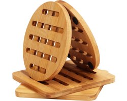 onderzetters pannen - bamboe onderzetters set - 4 stuks, 18x18 cm - Antislip vierkante en ronde onderzetters - Onderzetters van natuurlijk hout - Geschikt voor theepotten, borden en servies - Perfect voor eettafels en keukens