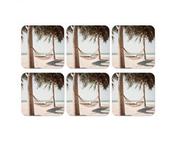 Onderzetters voor glazen - Hangmat - Palmbomen - Strand - Zee - 10x10 cm - Glasonderzetters - 6 stuks