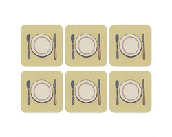 Onderzetters voor glazen - Illustratie - Bord - Bestek - Beige - 10x10 cm - Glasonderzetters - 6 stuks