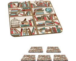 Onderzetters voor glazen - Kat - Boek - Kast - Jongens - Meisjes - Kinderen - Kind - 10x10 cm - Glasonderzetters - 6 stuks